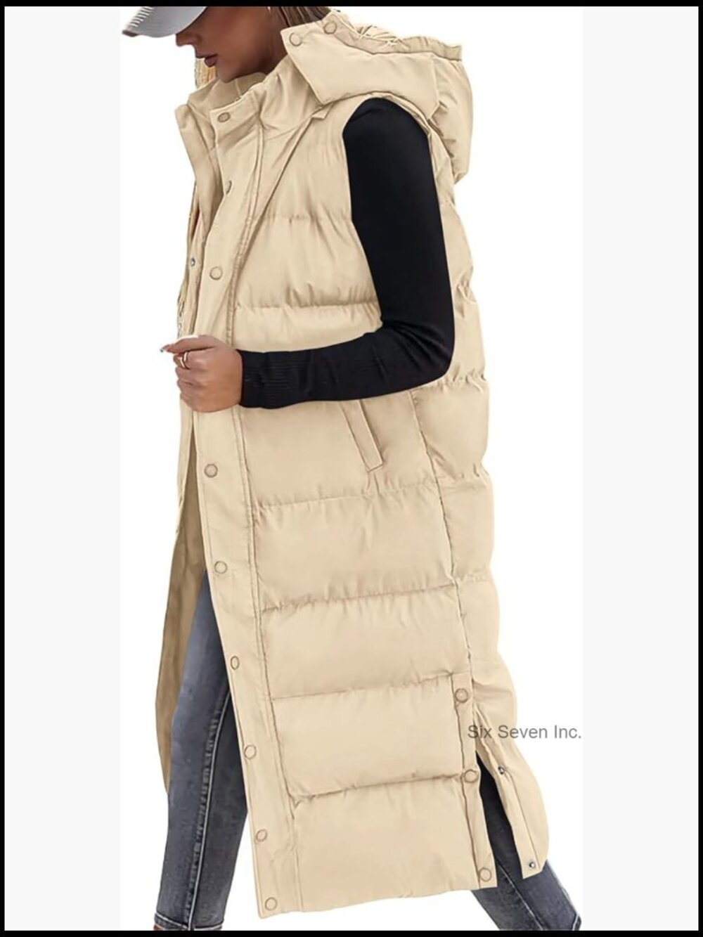 Long Puffer Vest Women Quilted Hooded Button Down Zip Up Sleeveless Outerwear